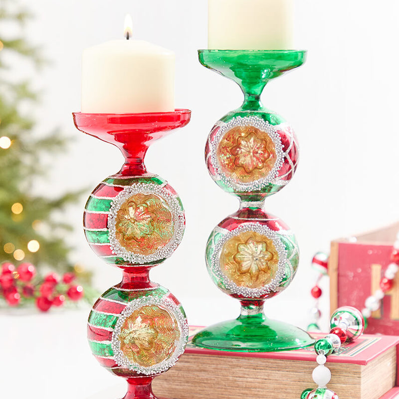 10" Red & Green Reflector Glass Candle Holder