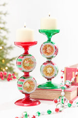 10" Red & Green Reflector Glass Candle Holder