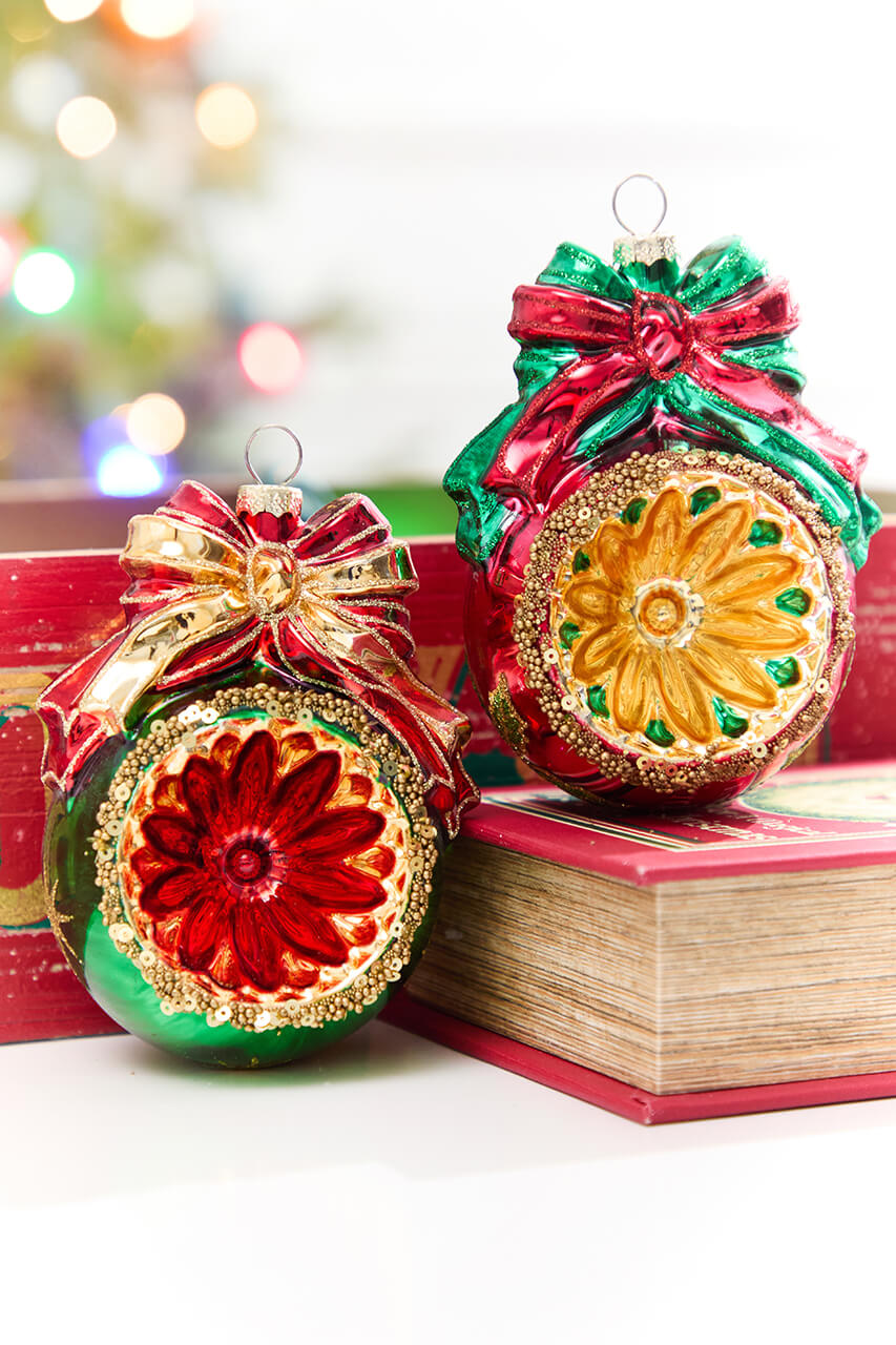 5" Reflector Ball with Bow Glass Ornament