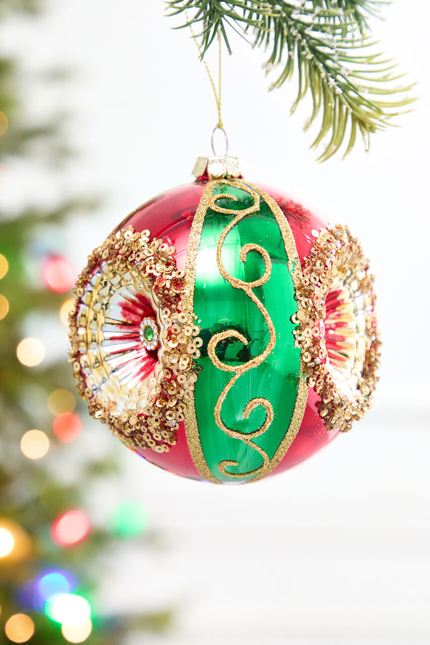 4" Regal Red & Green Reflector Glass Ball Ornament