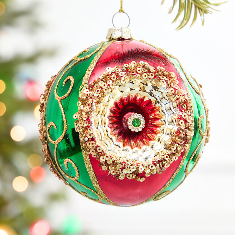 4" Regal Red & Green Reflector Glass Ball Ornament