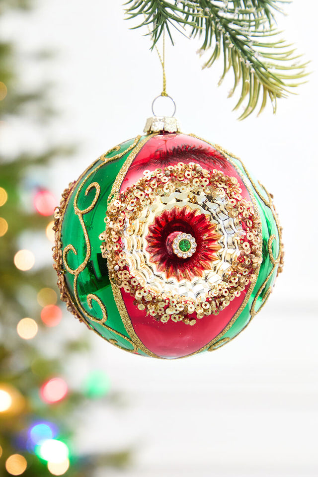 4" Regal Red & Green Reflector Glass Ball Ornament