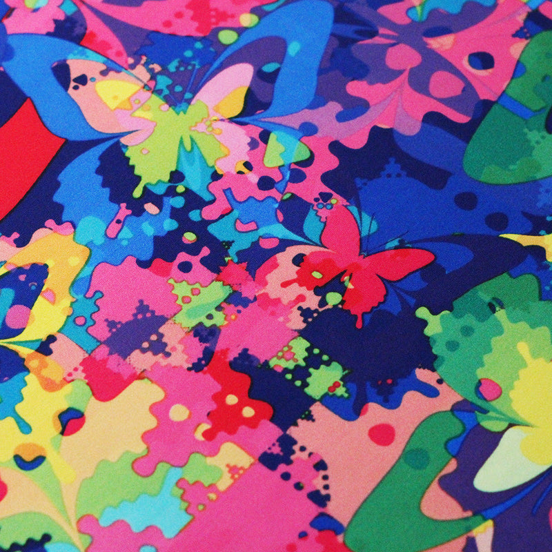 In Living Colors Poly Spandex Fabric - Colorful Butterfly Print, Multi Or Fuchsia Foil, 58/60" Width (1 Yard)