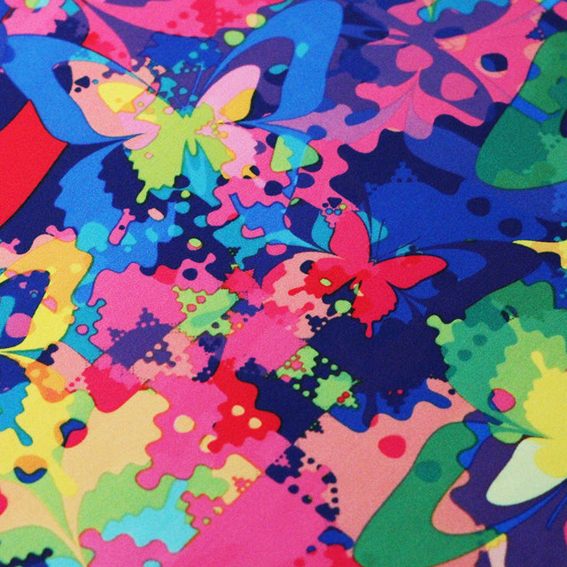 In Living Colors Poly Spandex Fabric - Colorful Butterfly Print, Multi Or Fuchsia Foil, 58/60" Width (1 Yard)