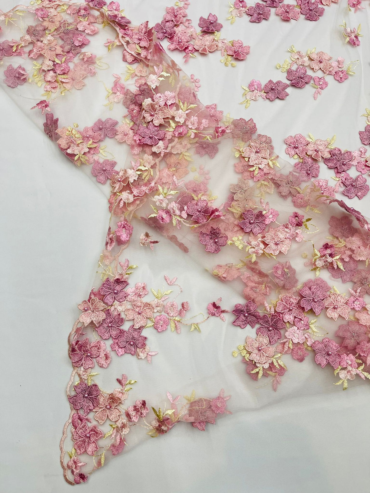 Multi Color 3D Floral Daisy Design Embroider Lace Fabric - Multi Color Floral Embroidery, 54" Width (1 Yard)