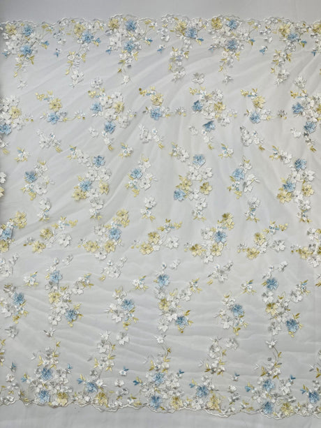 Multi Color 3D Floral Daisy Design Embroider Lace Fabric - Multi Color Floral Embroidery, 54" Width (1 Yard)