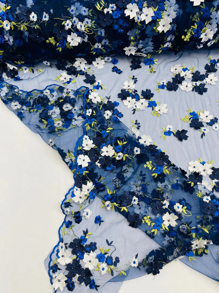 Multi Color 3D Floral Daisy Design Embroider Lace Fabric - Multi Color Floral Embroidery, 54" Width (1 Yard)