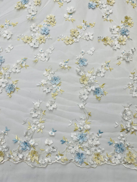 Multi Color 3D Floral Daisy Design Embroider Lace Fabric - Multi Color Floral Embroidery, 54" Width (1 Yard)