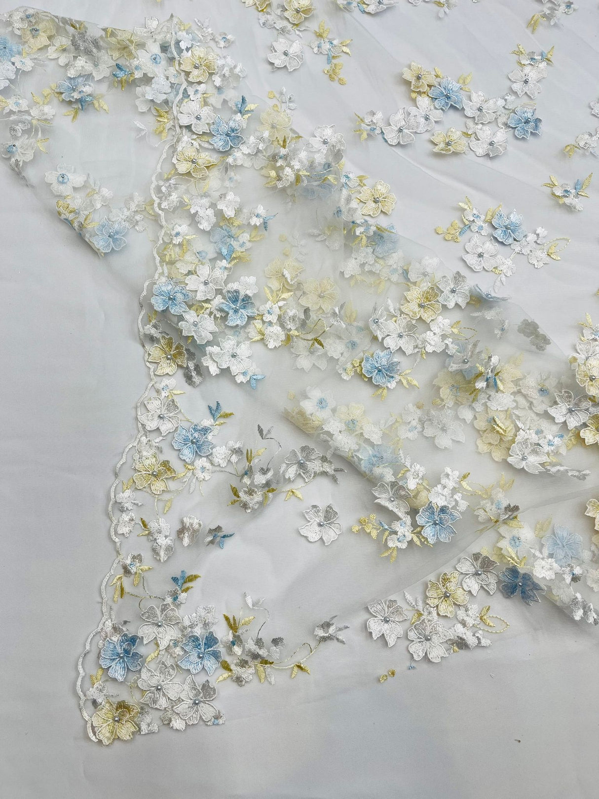 Multi Color 3D Floral Daisy Design Embroider Lace Fabric - Multi Color Floral Embroidery, 54" Width (1 Yard)