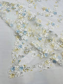 Multi Color 3D Floral Daisy Design Embroider Lace Fabric - Multi Color Floral Embroidery, 54" Width (1 Yard)