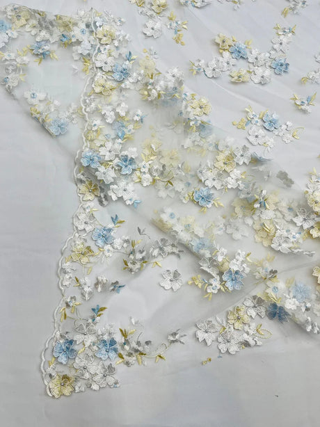 Multi Color 3D Floral Daisy Design Embroider Lace Fabric - Multi Color Floral Embroidery, 54" Width (1 Yard)