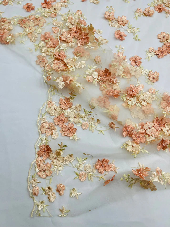 Multi Color 3D Floral Daisy Design Embroider Lace Fabric - Multi Color Floral Embroidery, 54" Width (1 Yard)