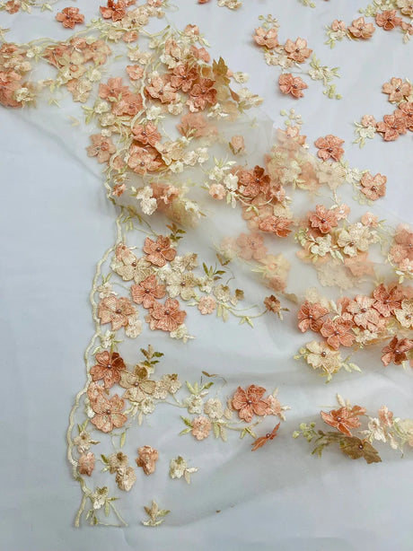 Multi Color 3D Floral Daisy Design Embroider Lace Fabric - Multi Color Floral Embroidery, 54" Width (1 Yard)