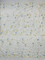 Multi Color 3D Floral Daisy Design Embroider Lace Fabric - Multi Color Floral Embroidery, 54" Width (1 Yard)