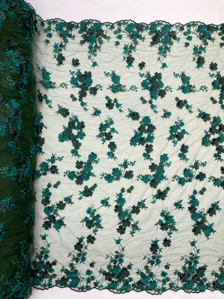 Multi Color 3D Floral Daisy Design Embroider Lace Fabric - Multi Color Floral Embroidery, 54" Width (1 Yard)