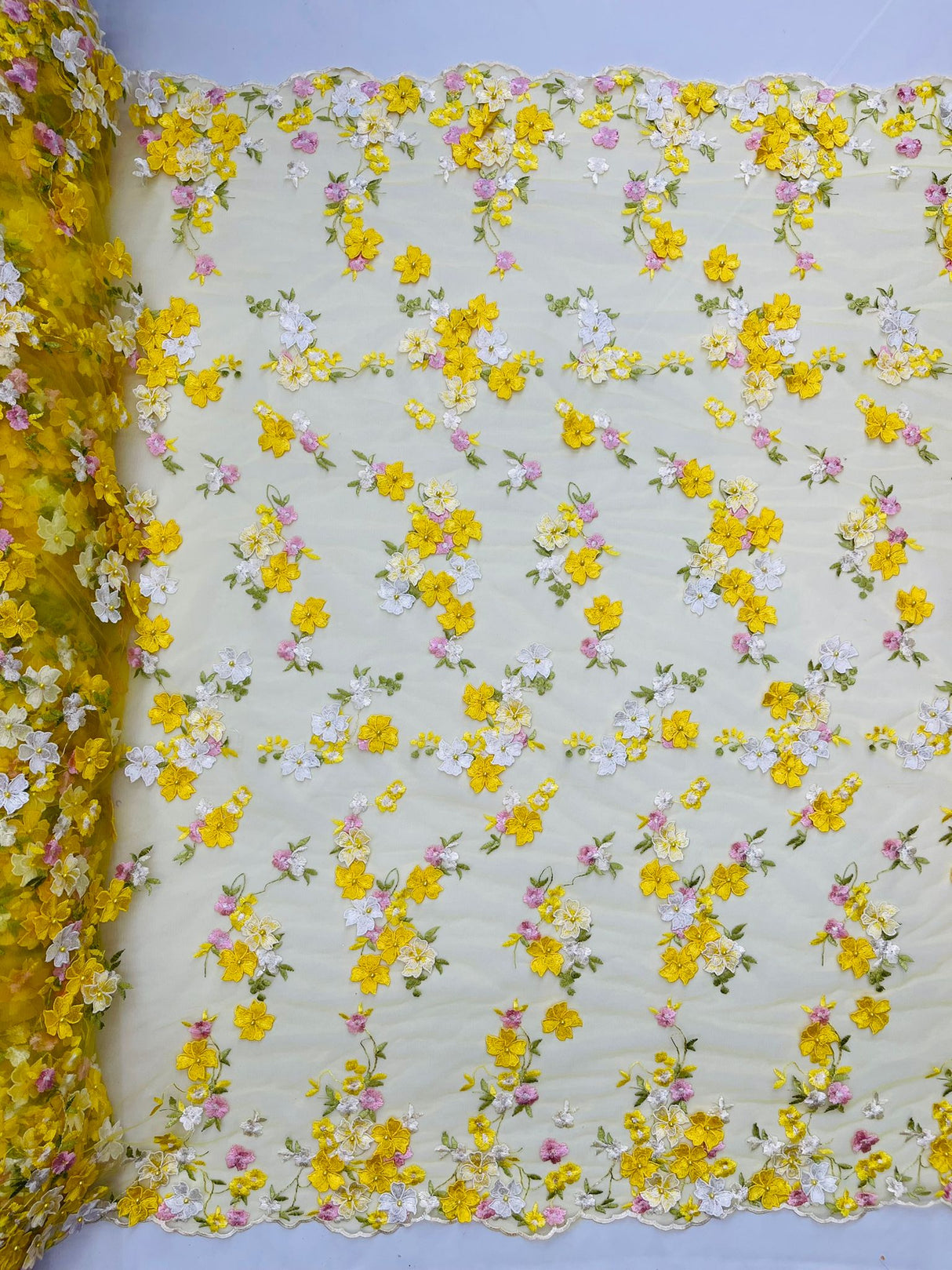 Multi Color 3D Floral Daisy Design Embroider Lace Fabric - Multi Color Floral Embroidery, 54" Width (1 Yard)