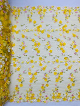 Multi Color 3D Floral Daisy Design Embroider Lace Fabric - Multi Color Floral Embroidery, 54" Width (1 Yard)