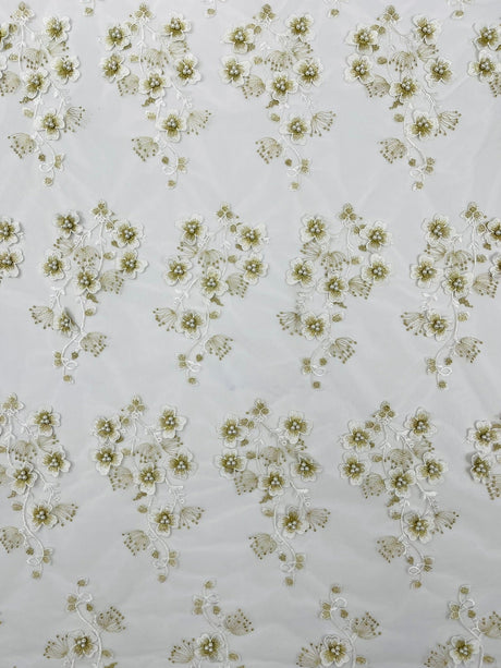 Multi Color 3D Floral Design With Pearls Lace Fabric - Multi Color Floral Embroidered Mesh Lace, 54" Wide, 36" Length (1 Yard)