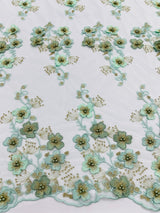 Multi Color 3D Floral Design With Pearls Lace Fabric - Multi Color Floral Embroidered Mesh Lace, 54" Wide, 36" Length (1 Yard)