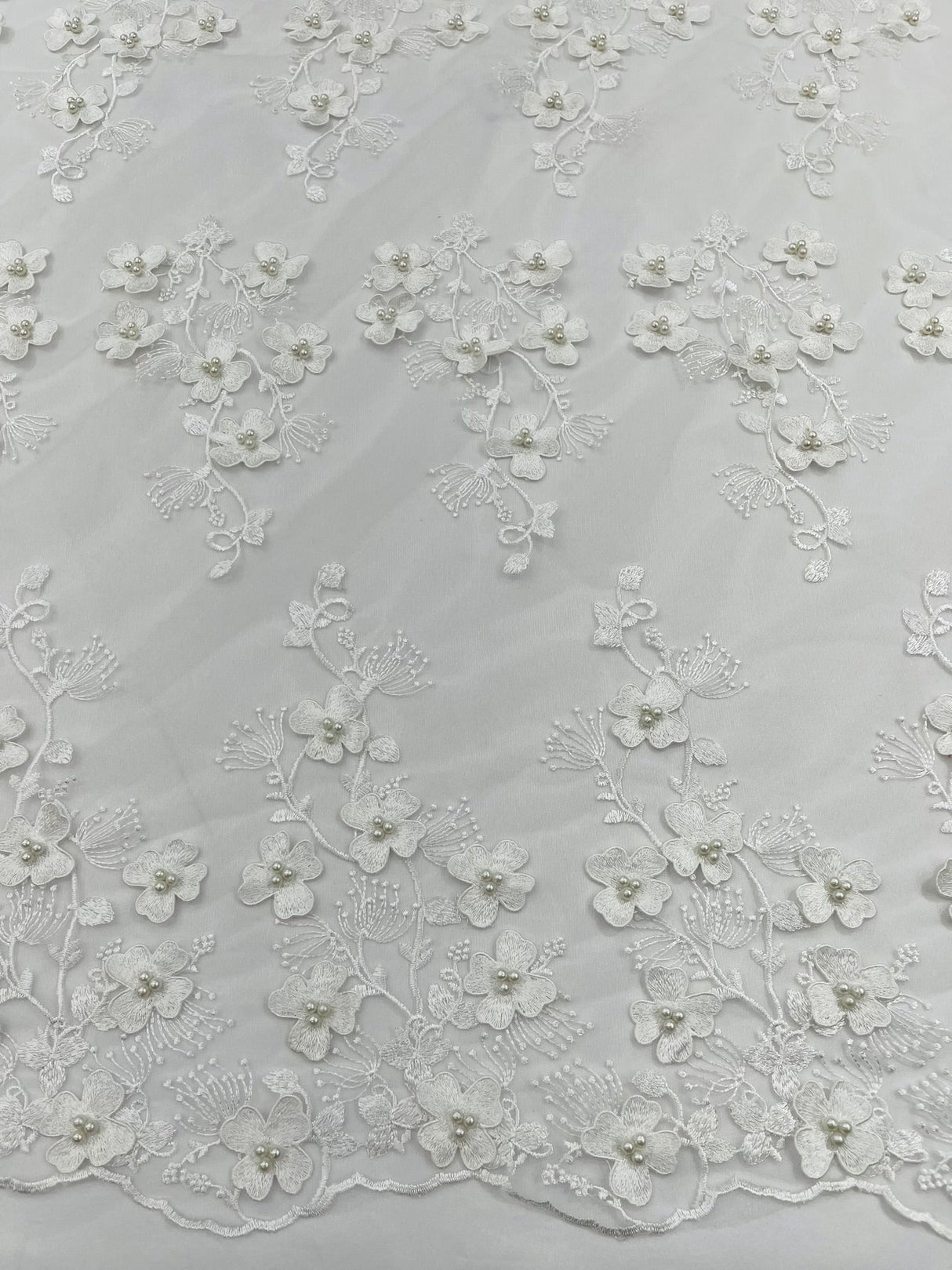 Multi Color 3D Floral Design With Pearls Lace Fabric - Multi Color Floral Embroidered Mesh Lace, 54" Wide, 36" Length (1 Yard)