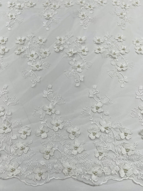Multi Color 3D Floral Design With Pearls Lace Fabric - Multi Color Floral Embroidered Mesh Lace, 54" Wide, 36" Length (1 Yard)