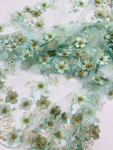 Multi Color 3D Floral Design With Pearls Lace Fabric - Multi Color Floral Embroidered Mesh Lace, 54" Wide, 36" Length (1 Yard)