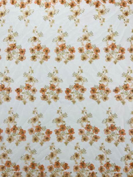 Multi Color 3D Floral Design With Pearls Lace Fabric - Multi Color Floral Embroidered Mesh Lace, 54" Wide, 36" Length (1 Yard)