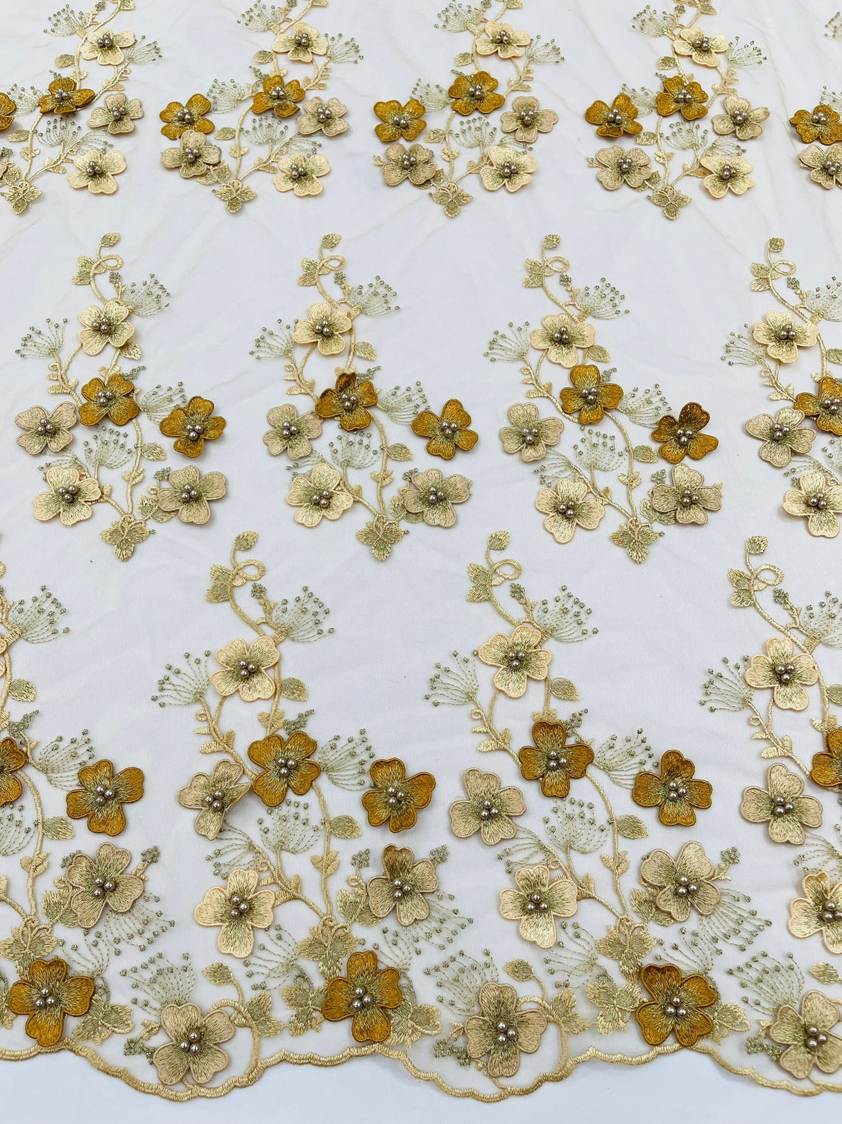 Multi Color 3D Floral Design With Pearls Lace Fabric - Multi Color Floral Embroidered Mesh Lace, 54" Wide, 36" Length (1 Yard)