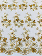 Multi Color 3D Floral Design With Pearls Lace Fabric - Multi Color Floral Embroidered Mesh Lace, 54" Wide, 36" Length (1 Yard)
