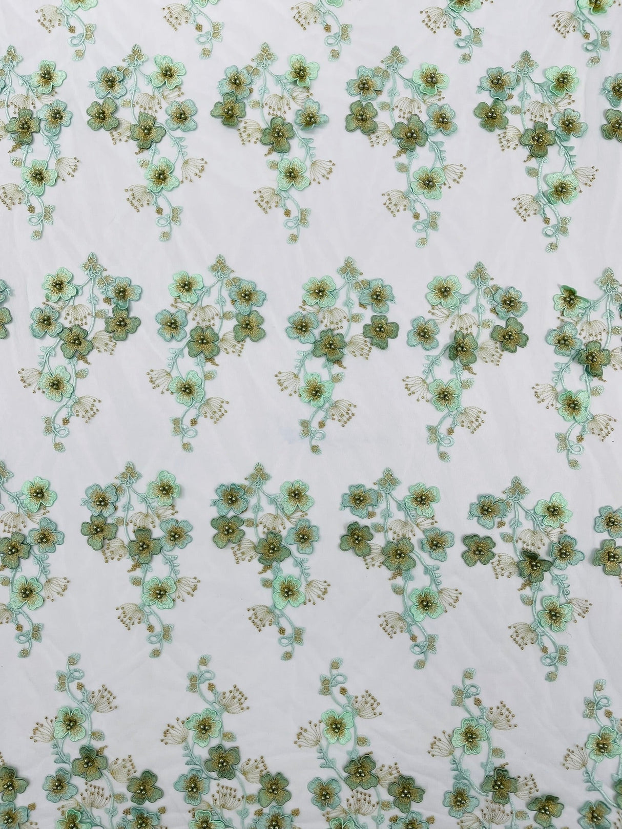 Multi Color 3D Floral Design With Pearls Lace Fabric - Multi Color Floral Embroidered Mesh Lace, 54" Wide, 36" Length (1 Yard)