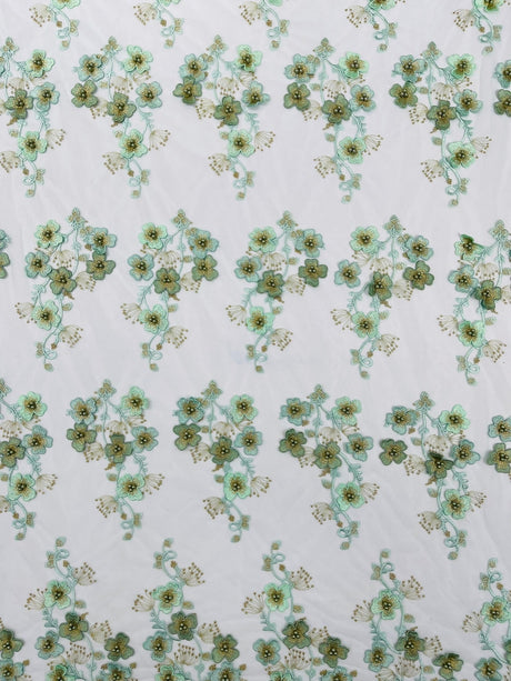 Multi Color 3D Floral Design With Pearls Lace Fabric - Multi Color Floral Embroidered Mesh Lace, 54" Wide, 36" Length (1 Yard)