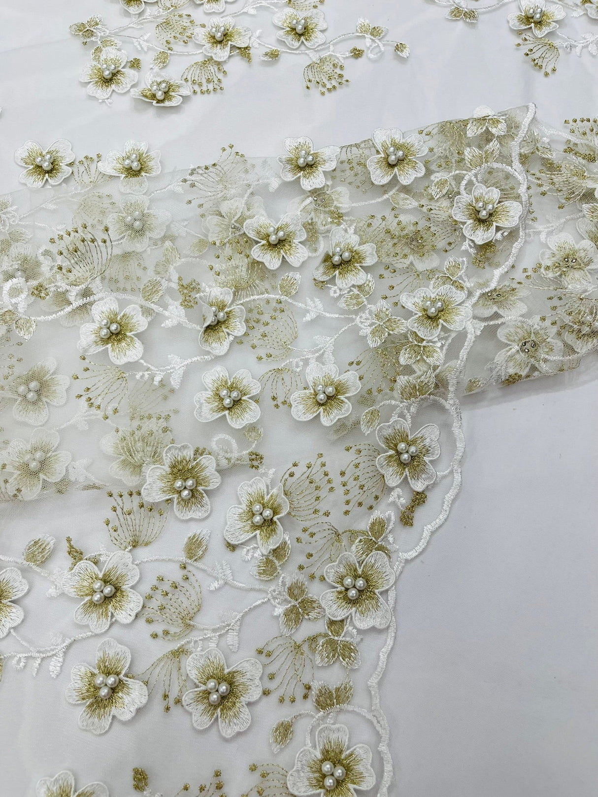 Multi Color 3D Floral Design With Pearls Lace Fabric - Multi Color Floral Embroidered Mesh Lace, 54" Wide, 36" Length (1 Yard)