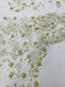 Multi Color 3D Floral Design With Pearls Lace Fabric - Multi Color Floral Embroidered Mesh Lace, 54" Wide, 36" Length (1 Yard)