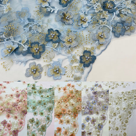 Multi Color 3D Floral Design With Pearls Lace Fabric - Multi Color Floral Embroidered Mesh Lace, 54" Wide, 36" Length (1 Yard)