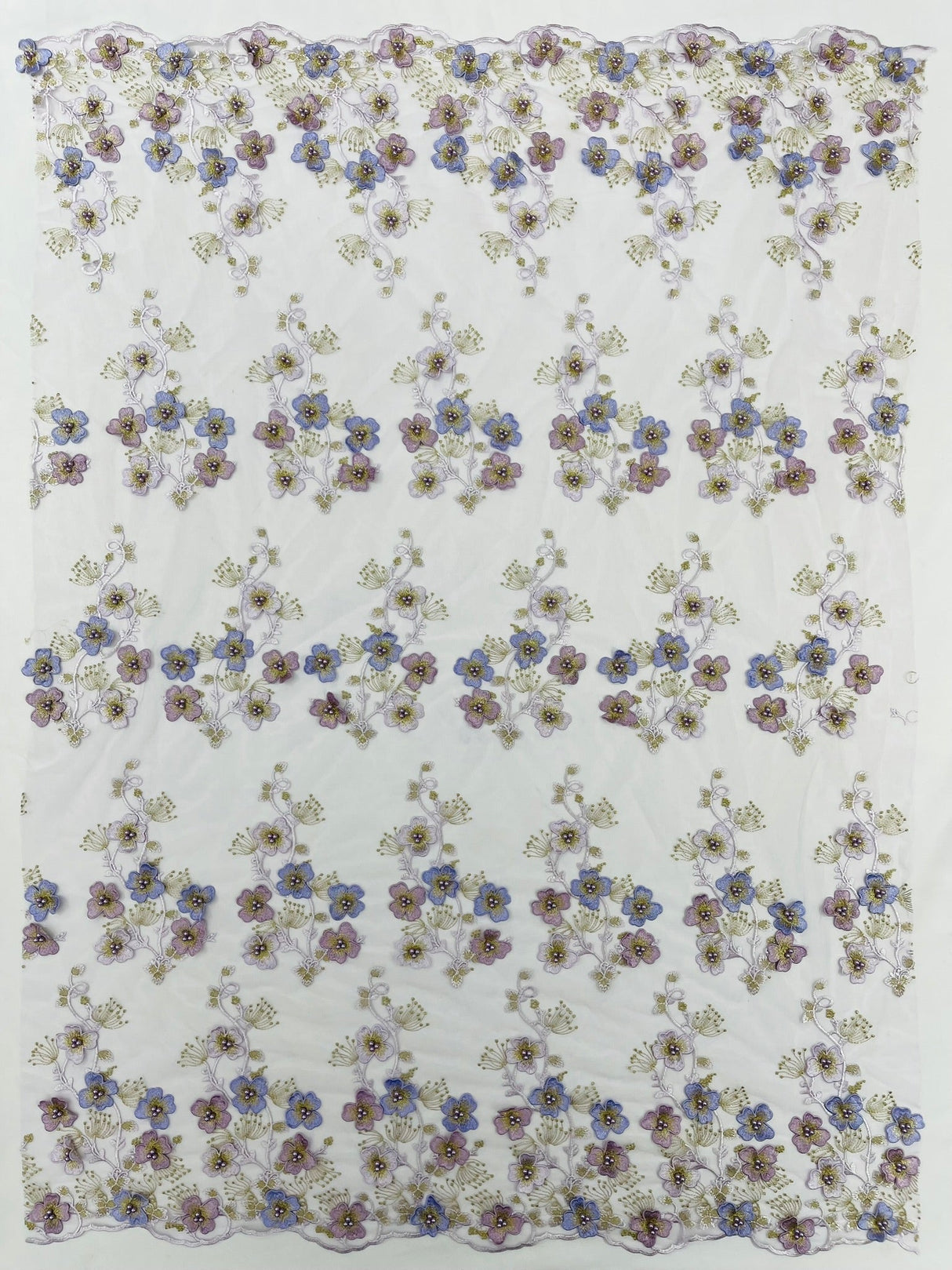 Multi Color 3D Floral Design With Pearls Lace Fabric - Multi Color Floral Embroidered Mesh Lace, 54" Wide, 36" Length (1 Yard)