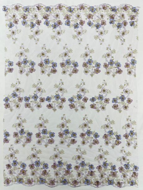 Multi Color 3D Floral Design With Pearls Lace Fabric - Multi Color Floral Embroidered Mesh Lace, 54" Wide, 36" Length (1 Yard)