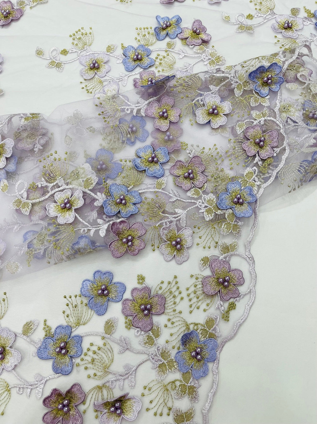 Multi Color 3D Floral Design With Pearls Lace Fabric - Multi Color Floral Embroidered Mesh Lace, 54" Wide, 36" Length (1 Yard)