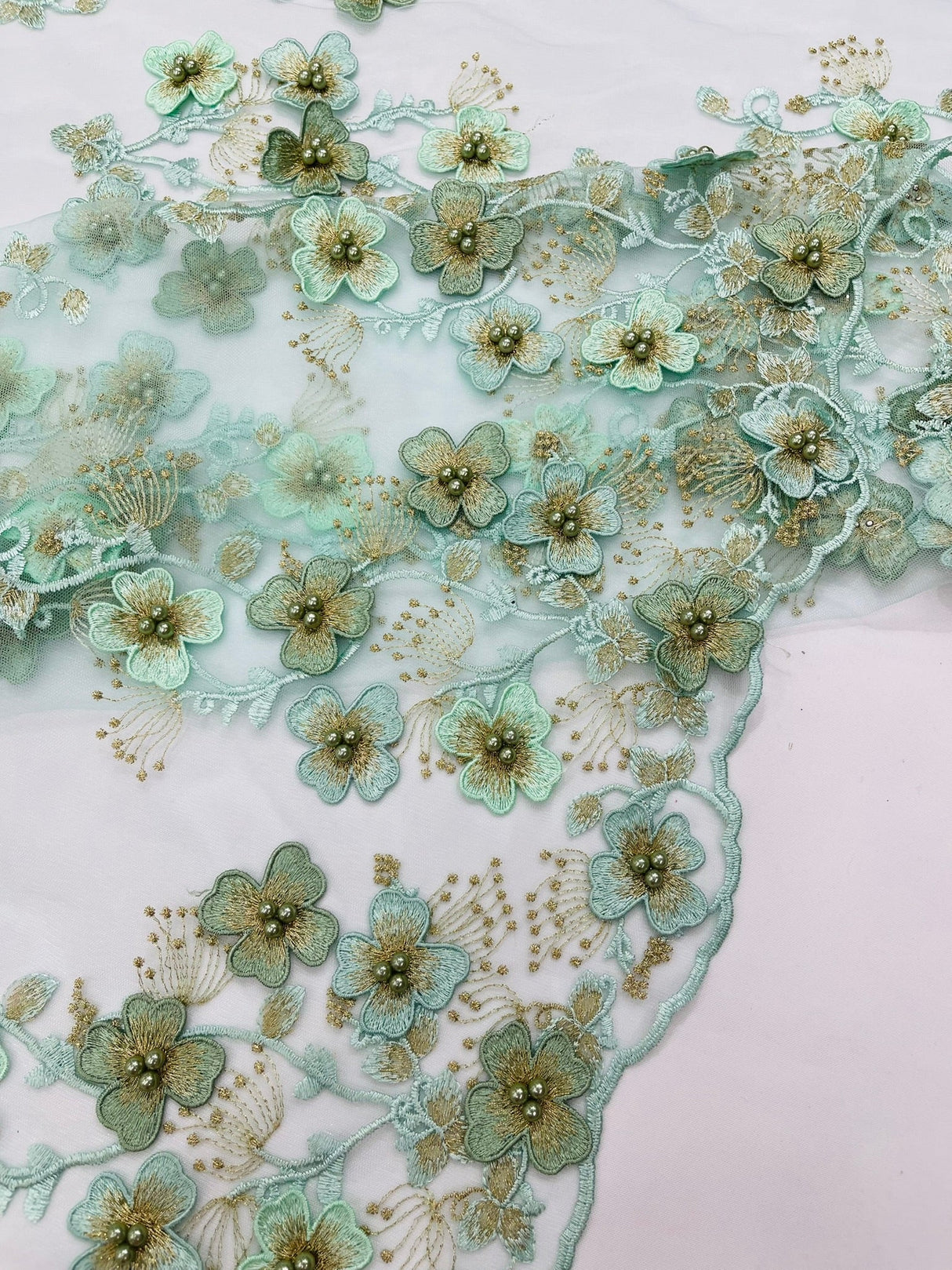 Multi Color 3D Floral Design With Pearls Lace Fabric - Multi Color Floral Embroidered Mesh Lace, 54" Wide, 36" Length (1 Yard)