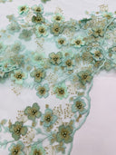 Multi Color 3D Floral Design With Pearls Lace Fabric - Multi Color Floral Embroidered Mesh Lace, 54" Wide, 36" Length (1 Yard)