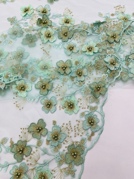 Multi Color 3D Floral Design With Pearls Lace Fabric - Multi Color Floral Embroidered Mesh Lace, 54" Wide, 36" Length (1 Yard)