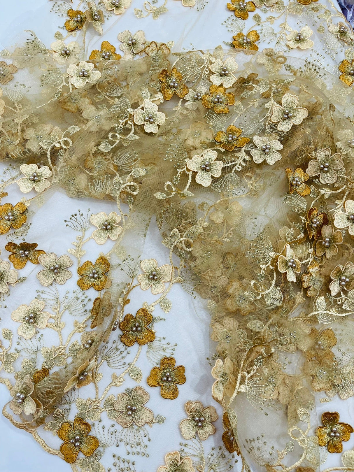 Multi Color 3D Floral Design With Pearls Lace Fabric - Multi Color Floral Embroidered Mesh Lace, 54" Wide, 36" Length (1 Yard)