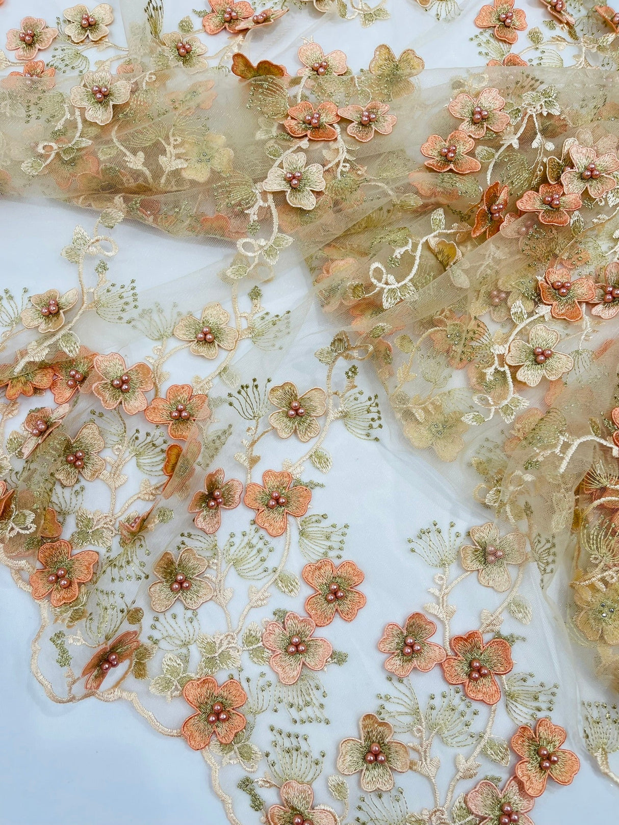 Multi Color 3D Floral Design With Pearls Lace Fabric - Multi Color Floral Embroidered Mesh Lace, 54" Wide, 36" Length (1 Yard)