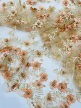 Multi Color 3D Floral Design With Pearls Lace Fabric - Multi Color Floral Embroidered Mesh Lace, 54" Wide, 36" Length (1 Yard)