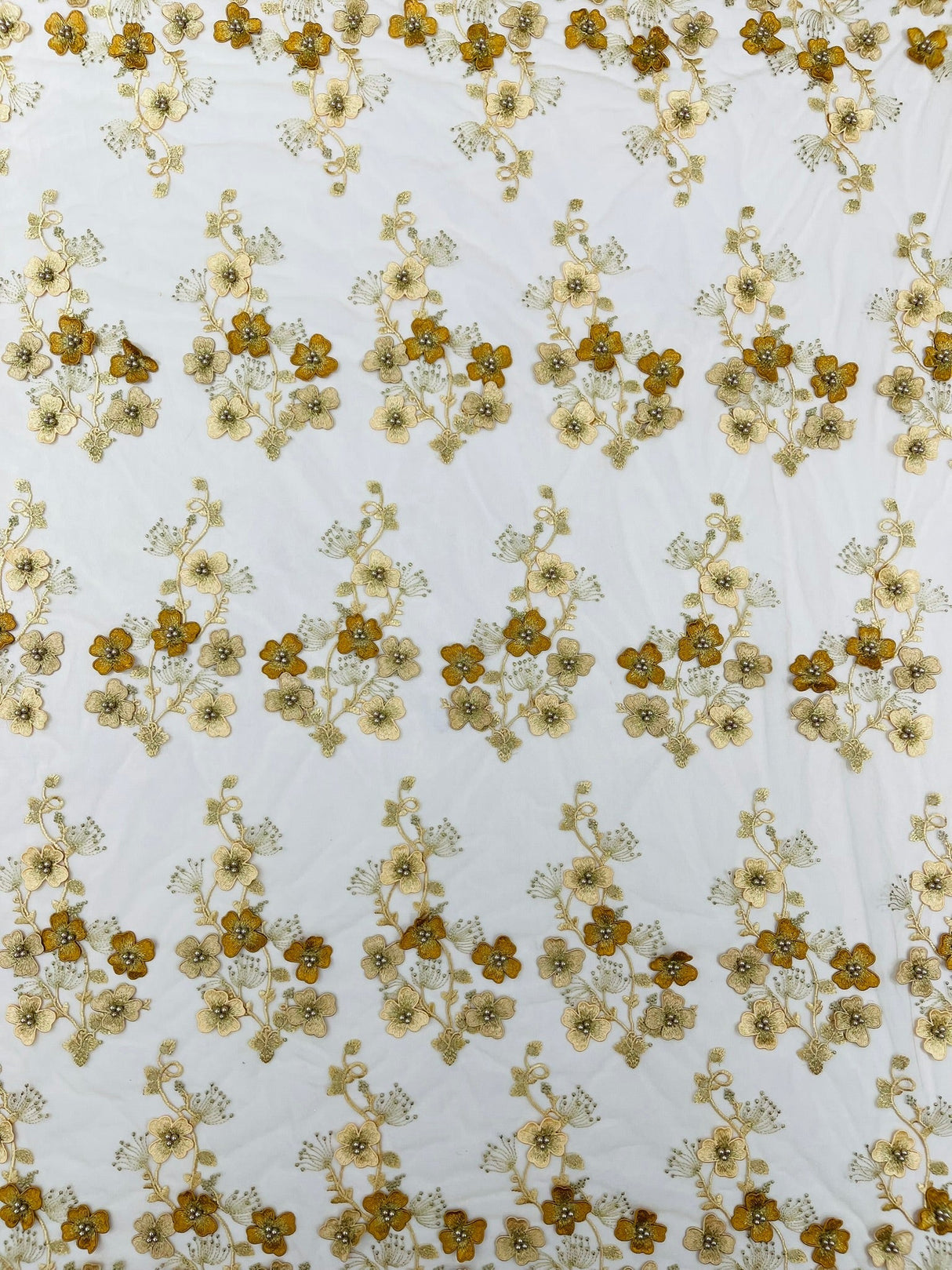 Multi Color 3D Floral Design With Pearls Lace Fabric - Multi Color Floral Embroidered Mesh Lace, 54" Wide, 36" Length (1 Yard)