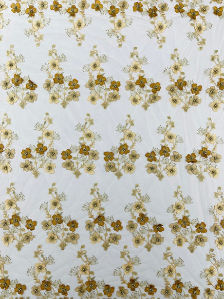 Multi Color 3D Floral Design With Pearls Lace Fabric - Multi Color Floral Embroidered Mesh Lace, 54" Wide, 36" Length (1 Yard)