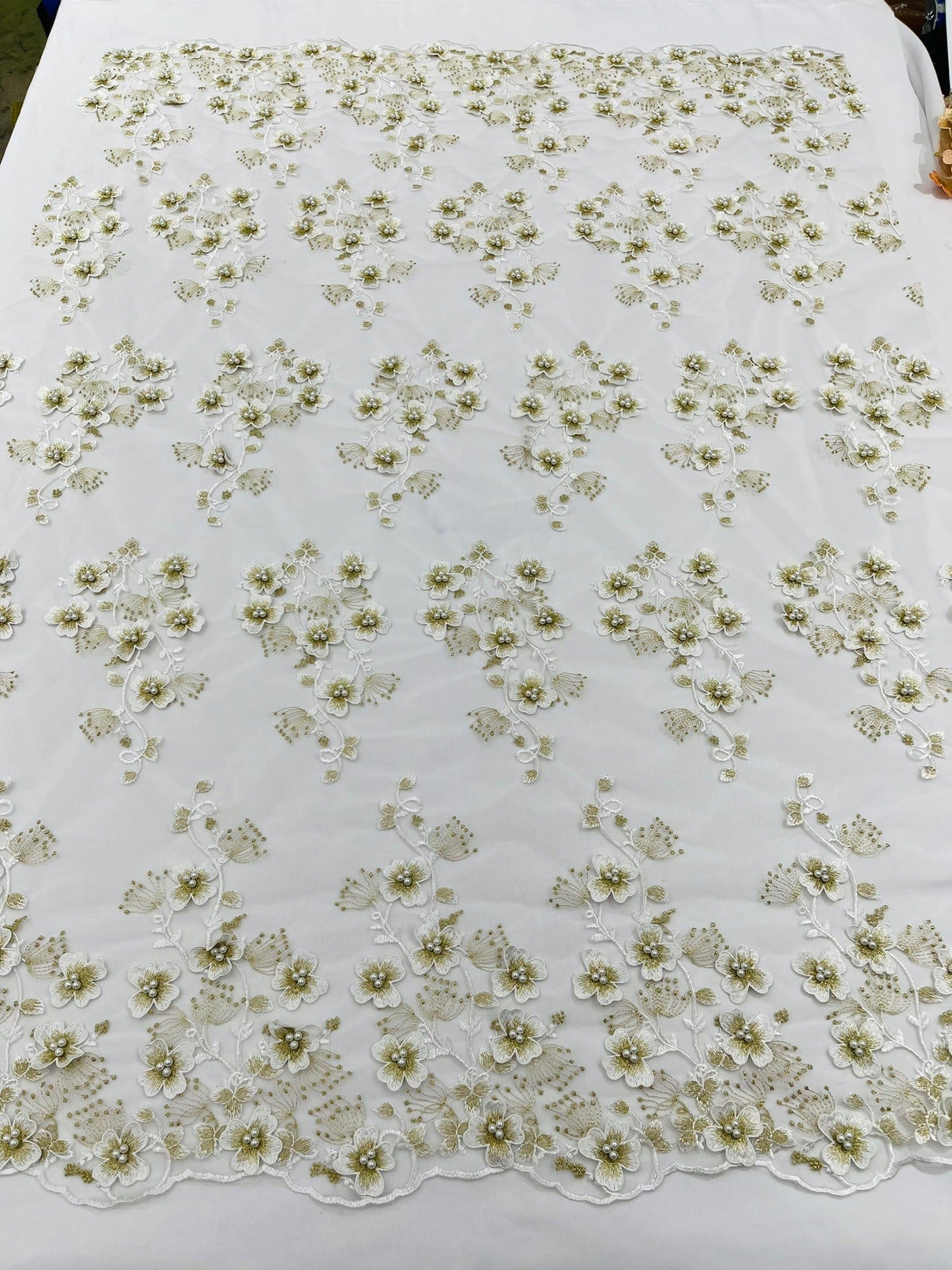 Multi Color 3D Floral Design With Pearls Lace Fabric - Multi Color Floral Embroidered Mesh Lace, 54" Wide, 36" Length (1 Yard)