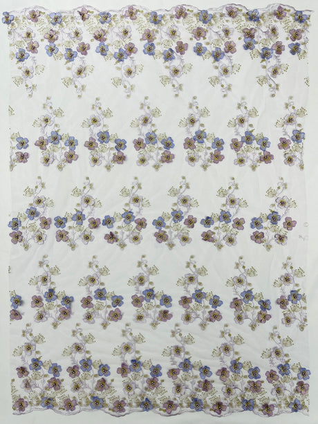 Multi Color 3D Floral Design With Pearls Lace Fabric - Multi Color Floral Embroidered Mesh Lace, 54" Wide, 36" Length (1 Yard)