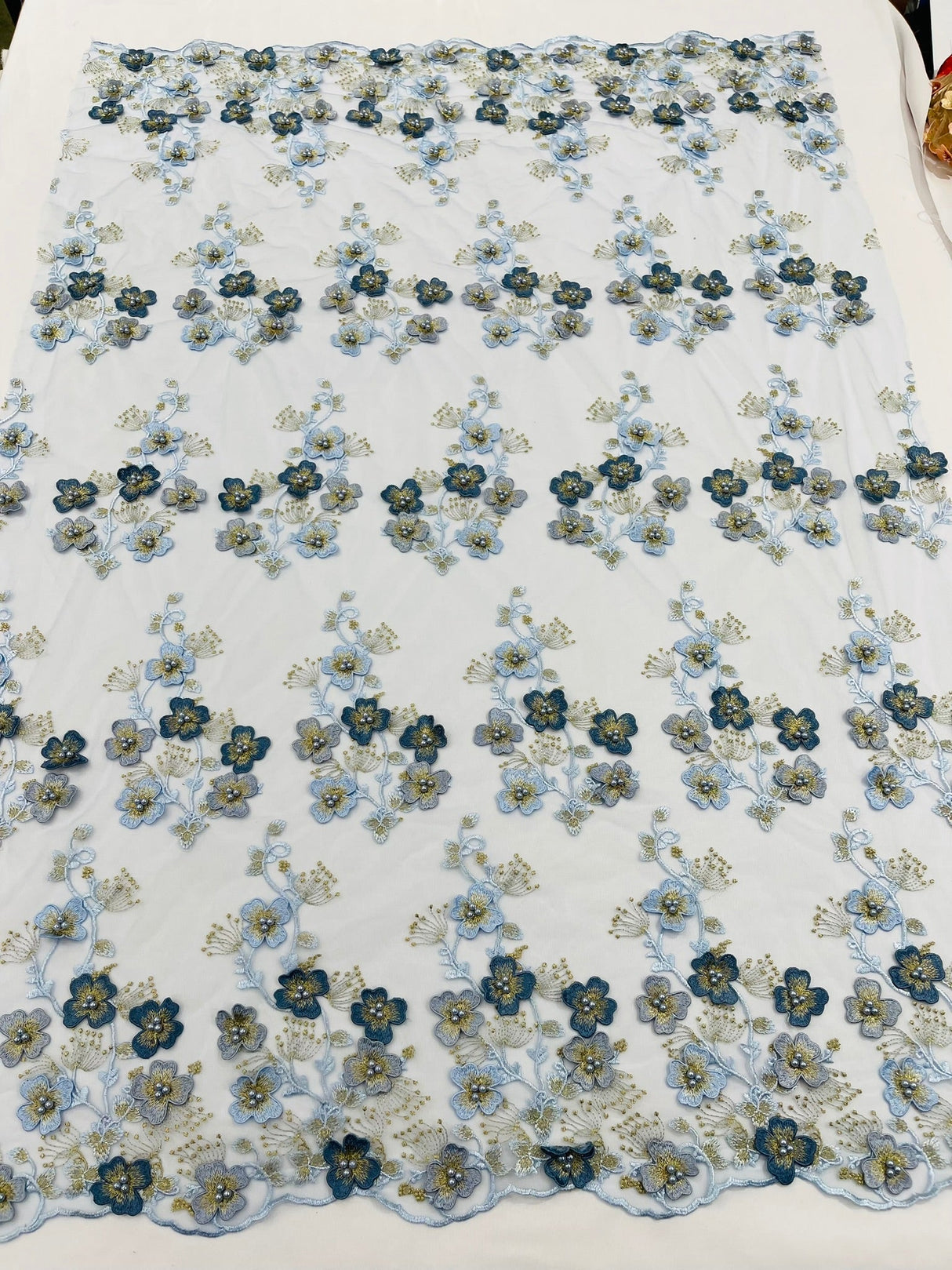 Multi Color 3D Floral Design With Pearls Lace Fabric - Multi Color Floral Embroidered Mesh Lace, 54" Wide, 36" Length (1 Yard)