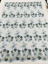 Multi Color 3D Floral Design With Pearls Lace Fabric - Multi Color Floral Embroidered Mesh Lace, 54" Wide, 36" Length (1 Yard)