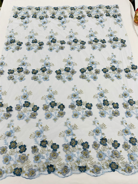 Multi Color 3D Floral Design With Pearls Lace Fabric - Multi Color Floral Embroidered Mesh Lace, 54" Wide, 36" Length (1 Yard)